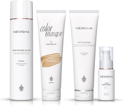 NEWSHA - Beauty Secret Tegen Oranjetinten In Geblondeerd Haar - Set - TRUE BLONDE SILVER SHAMPOO TYPE #1 250ml - SOFT COTTON CONDITIONER 150ml - KLEURMASQUE VELVET VANILLA 150ml - LUXE BEHANDELINGSOLIE 30ml