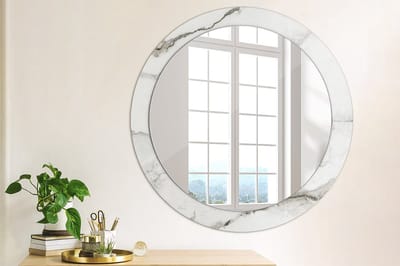 Wallfluent Bedrukte Ronde Spiegel - Ronde Spiegel Met Print Wit Marmer - 80 cm / 66 cm - Wit - Wit Ronde Wandspiegel Met Print - Woonkamerspiegel - Inloopkastspiegel - Hal - Spiegelmontageset