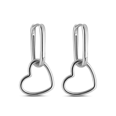 New Bling 9NB-1243 Zilveren Oorringen met Hanger - Rechthoek - Ovaal - Hartje - 15,6x10mm - 26mm Totaal Lengte- 1,9 Dikte - Rhodium - Zilver