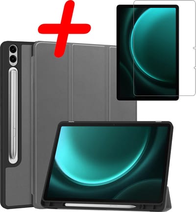 Hoesje Geschikt voor Samsung Galaxy Tab S9 FE Plus - Met Screenprotector - Trifold Bookcase - Hard Cover Case - Met Uitsparing Geschikt voor S Pen - Hardcover Book - Tablet Hoes - Grijs