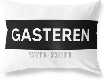 Tuinkussen GASTEREN - DRENTHE met coördinaten - Buitenkussen - Bootkussen - Weerbestendig - Jouw Plaats - Studio216 - Modern - Zwart-Wit - 50x30cm