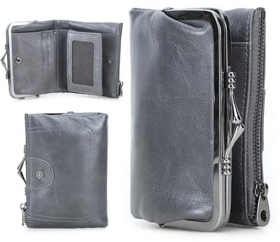 Dailygoods - CONTACTS Dames RFID-portemonnee met Kiss Lock, Echt Leren Compacte Bifold Muntportemonnee met Ritsvak Vintage, Creditcardhouder Kleine Clutch met ID-venster, Grijs, Retro