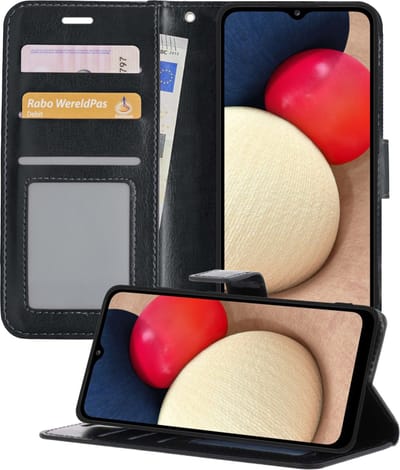 Hoesje - Met Pasjeshouder - Geschikt voor Samsung Galaxy A02s - Luxe Bookcase Portemonee - Flip Case - Kunstleer Book Case - Flipcase - Book Cover - Walletcase - Portemonneehoes - Telefoonhoesjes - Zwart