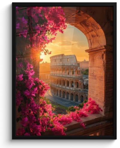 Poster in lijst - Fotolijst 50x70 cm - Posters - Colosseum - Rome - Roze Bloemen - Posterlijst zwart - Decoratie - Wanddecoratie woonkamer - Muurdecoratie slaapkamer