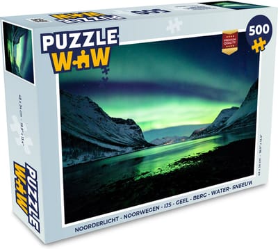 Puzzel Noorderlicht - Noorwegen - IJs - Geel - Berg - Water- Sneeuw - Legpuzzel - Puzzel 500 stukjes