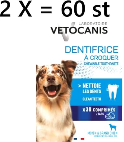 Tandpasta snack voor honden -Laboratoire VETOCANIS - ** 2 x ** kauw tandpasta voor honden - als snack.. - kippensmaak - 1/2 tablet tot 5 kg - 1 tablet /10 kg - ... lekker en doeltreffend