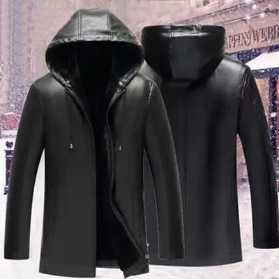 Leren Jas met Capuchon Heren Nieuw Imitatieleer Winter Fluweel Verdikt Middellang en Lang Casual Heren Leren Jas 60 black