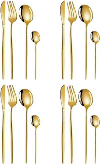 16-delige gouden roestvrijstalen bestekset voor 4 personen- messen vorken lepels- feestelijk tafelgerei voor Kerstdiner