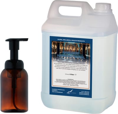 Zeepdispenser 300 ml amber bruin hervulbaar + 5 liter Handzeep Hammam Herbal navulling