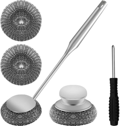 Dailygoods- Schrobber Set - Roestvrij Staal - Lange/Korte Steel - Vervangende Borstels - Geschikt voor Keuken - Voor Tassen/Schalen - Afwasborstel