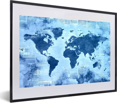 Poster in lijst - Fotolijst 60x40 cm - Posters - Wereldkaart - Blauw - Krant - Posterlijst zwart - Decoratie - Wanddecoratie woonkamer - Muurdecoratie slaapkamer