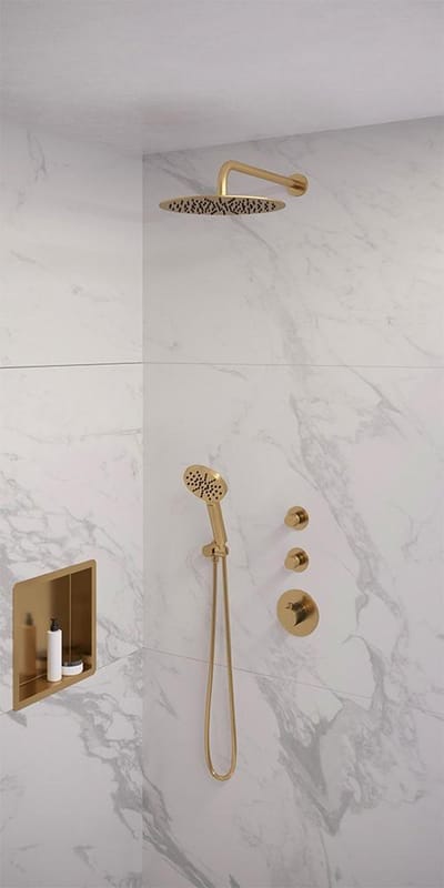 Brauer Gold Edition thermostatische inbouw regendouche SET 10 met 30 cm douchekop en gebogen muurarm en 3-standen handdouche en doucheslang en wandaansluitbocht goud geborsteld PVD