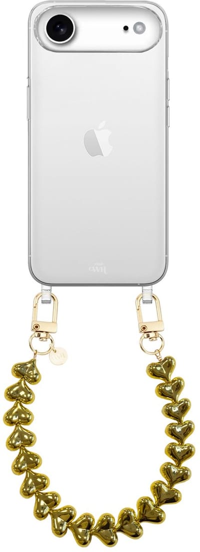 xoxo Wildhearts siliconen hoesje geschikt voor iPhone 17 Air hoesje - Funky Hearts - Telefoonhoesje - Hoesje met koord - Goud koord - kort telefoonkoord - Hartjes ketting - Transparant hoesje