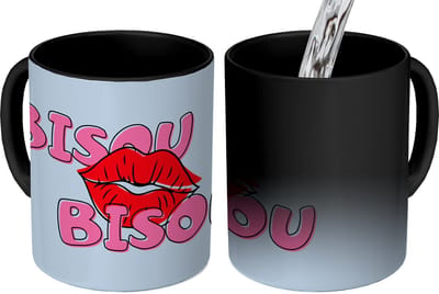 Magische Mok - Foto op Warmte Mokken - Koffiemok - Bisou - Blauw - Roze - Lippen - Magic Mok - Beker - 350 ML - Theemok
