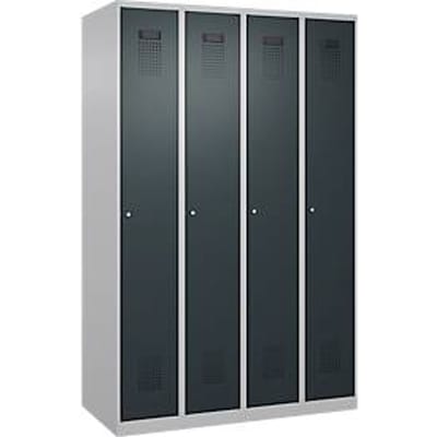 C+P Evolo Plus garderobekast, 4 vakken, rechts scharnierend, cilinderslot, soft-close, B 1200 x D 500 x H 1850 mm, blank aluminium/antracietgrijs