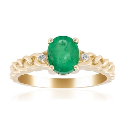 Cavill - Luxe 375 Geelgouden Ring met Zambia Smaragd 0,955 ct - Ovaal Slijpsel - Met 2 Cambodjaanse Zirkonia's - Elegante Damesring