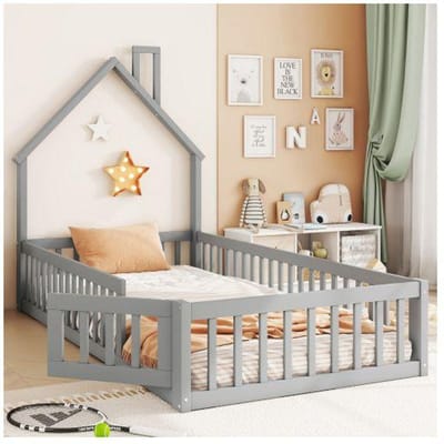 Kinderbed - MUVOE - 90 x 200 cm - Haardontwerp - Veiligheidshek - Grijs grijs