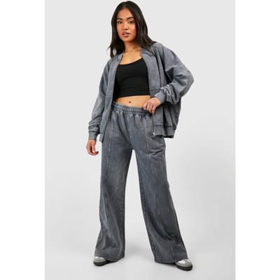 boohoo Dames Petite Washed Zip Through Bomber Straight Leg Trainingspak | Charcoal | Maat: XS