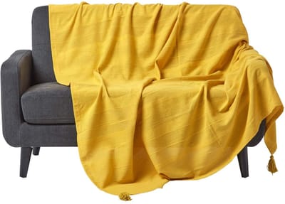 Rajput Geribbeld Katoen Deken - Gele Mandarijn - handgeweven deken met kwastjes - 150 x 200 cm