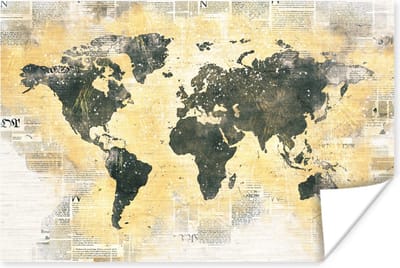 Poster 30x20 cm - Wereldkaart - Goud - Krant - Posters - Kamer decoratie - Wanddecoratie woonkamer - Muurdecoratie slaapkamer