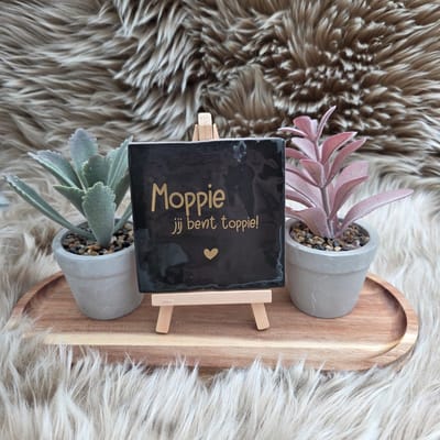 Robuust wenstegeltje – Moppie Jij Bent Toppie – Hip trendy tegeltje – Cadeau voor Nieuwe Woning, Housewarming of Gezinscadeau – Sfeervol en Persoonlijk - Vriend(in) – Trendy nu – Decoratief Tegeltje met Standaard – Cadeau Idee