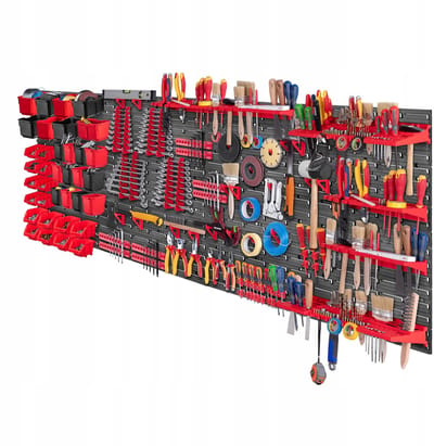KADAX Gereedschapswandrek, groot, 232 x 78 cm, opslagsysteem van robuust kunststof, uv-bestendig modulesysteem, uitbreidbare wandplaten, werkplaatsrek voor garage (rood, 122 stuks)