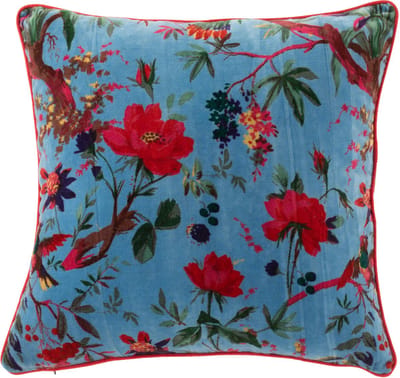 J-Line kussen Vogels Bloemen - katoen/fluweel - blauw