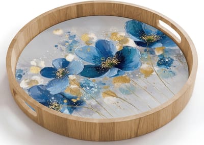 Dienblad rond 40x40 cm - Schootdienblad hout - Bloemen - Blauw - Abstract - Borrelplank rechthoek - Plateau houten dienbladen