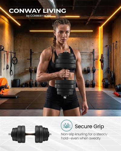 Conway Living® Halter en Dumbells Gietijzer - Dumbells set Verstelbare - Halterset 30 kg - Halterstang met Gewichten - Zwart - Anti Slip