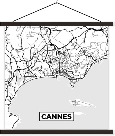 Posterhanger incl. Poster 60x60 cm - Schoolplaat - Frankrijk - Cannes - Kaart - Plattegrond - Stadskaart - Zwart wit - Textielposter - Zwarte latten - Stadskaart