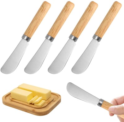 Set van 4 RVS Botermessen en Kaasmessen met Houten Handvat voor Jam, Brood en Crème, 14,7 cm