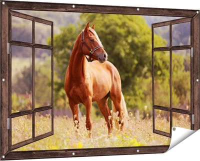 Gards Tuinposter Doorkijk Bruin Paard in de Wei - 150x100 cm - Tuindoek - Tuindecoratie - Wanddecoratie buiten - Tuinschilderij
