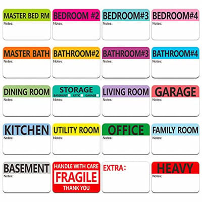 Kleurgecodeerde verhuislabels - 500 stuks met 20 verschillende ontwerpen, inclusief schrijfruimte - Verhuisdozen labels 2" x 3"