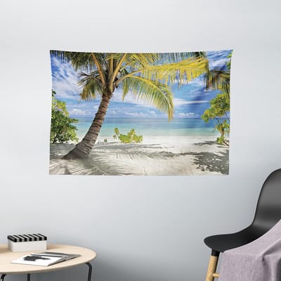 ABAKUHAUS Tropisch Wandtapijt, Palm Coast, Woonkamer Slaapkamer Wanddoek Zijdezacht Satijn Wandkleed, 150 x 100 cm, kokosnoot en blauw