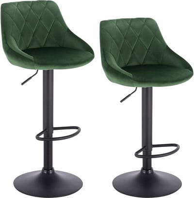 Designer Barkruk Herli - Met rugleuning - Stevig - Ergonomische barstoel - Velvet - Zithoogte 60 - 82cm - Donkergroen - Set van 2 - Keuken en bar - In hoogte verstelbaar