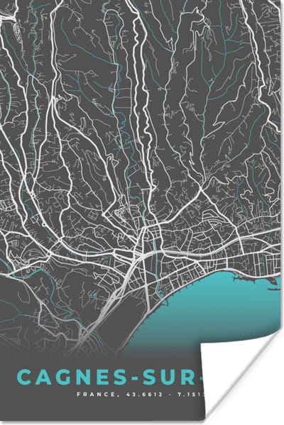 Poster Plattegrond - Kaart - Cagnes-sur-Mer - Stadskaart - Frankrijk - 120x180 cm XXL