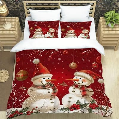 3-delige Zachte & Knusse Kerst Sneeuwpop & Sneeuwvlok Print Dekbedovertrek Set - Inclusief 1 Dekbedovertrek en 2 Kussenslopen, Perfect voor Bed EU Single 135x200cm white