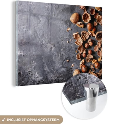 MuchoWow® Glasschilderij 120x90 cm - Schilderij acrylglas - Noten - Herfst - Keuken - Industrieel - Foto op glas - Schilderijen