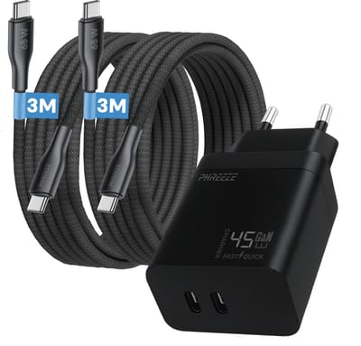 Snellader 45 W Power Delivery GaN oplader - 3 meter - Phreeze usb C Dual port charger met 2 usb C naar usb C kabels - Laptop oplader usb C