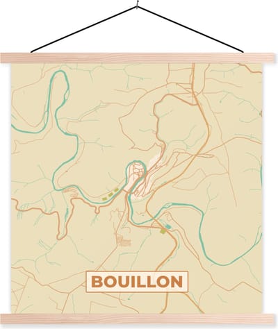 Posterhanger incl. Poster 40x40 cm - Schoolplaat - Stadskaart - Plattegrond - Bouillon - Kaart - Vintage - Textielposter - Blanke latten - Stadskaart