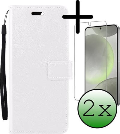 Hoesje Met 2x Screenprotector - Geschikt voor Samsung Galaxy S24 Plus - Luxe Pasjeshouder - Bookcase Portemonee - Flip Case - Kunstleer Book Case - Flipcase Hoes - Book Cover - Walletcase - Portemonneehoes - Wit