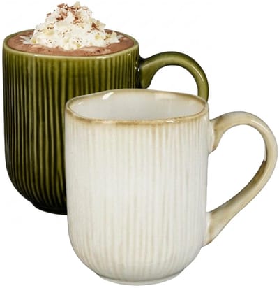 Mica Decorations Koffiemok Nusa - 2x stuks - groen en creme - 11 x 9 cm - keramiek - theemok