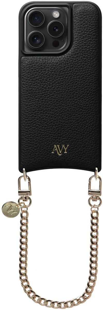 AVY Leren Hoesje Geschikt voor Apple iPhone 15 Pro | Compatibel met MagSafe | Leather Case met Telefoonkoord | Polsband | Zwart | Aurum Lien
