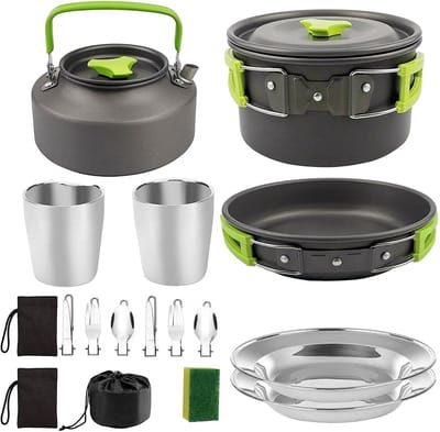 Kampeer Keukengerei Set - Outdoor Kookset Kamperen - Koken in de Natuur - Non-stick Oppervlak - Voor 1-2 Personen - Groen