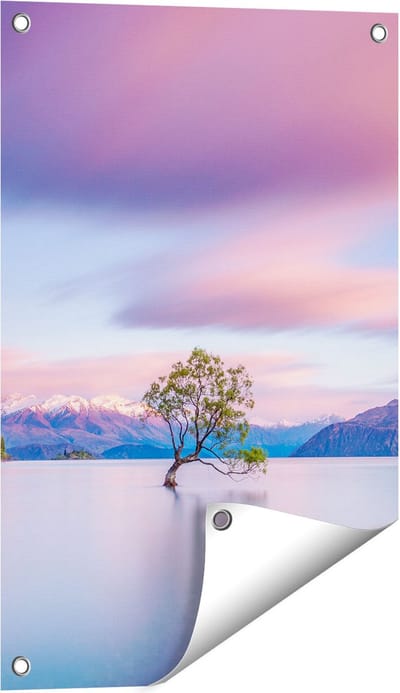 Gards Tuinposter Wanaka Boom in het Water bij Zonsopgang - 40x60 cm - Tuindoek - Tuindecoratie - Wanddecoratie buiten - Tuinschilderij