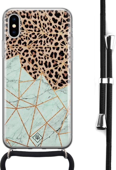 Casimoda® hoesje met koord - Geschikt voor iPhone Xs - Luipaard Marmer Mint - Afneembaar koord - Siliconen/TPU - Bruin/beige