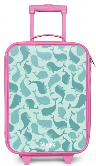 NoBoringSuitcases.com® - Kinderkoffer roze - Kindertrolley meisje - Gestileerde walvissen in tonale zeegroene tinten - Koffer kind lichtgewicht - Reiskoffer trolley voor kinderen - Koffertje met lichtgevende wieltjes - Rolkoffer