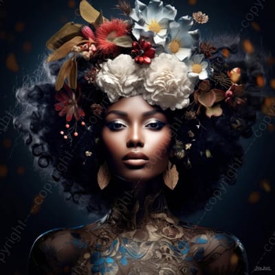 John Joseb Art (Canvas) 100x100 | Donkere Afrikaanse vrouw met bloemen, gezicht, hoofd | mens, vierkant, rood, wit, bruin, blauw, modern | Foto-Schilderij canvas print (wanddecoratie)