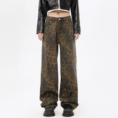 Jeans Homme Imprimé Léopard Streetwear High Street Américaine Design de Niche Pantalon Droit Ample XL