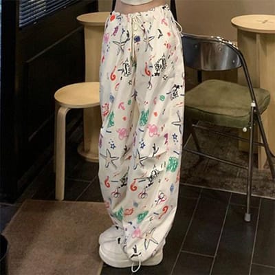 Zomer Hoge Taille Slim Retro Fun Graffiti Volledige Print Werkbroek voor Dames Losse Pijpen Broek XL brown